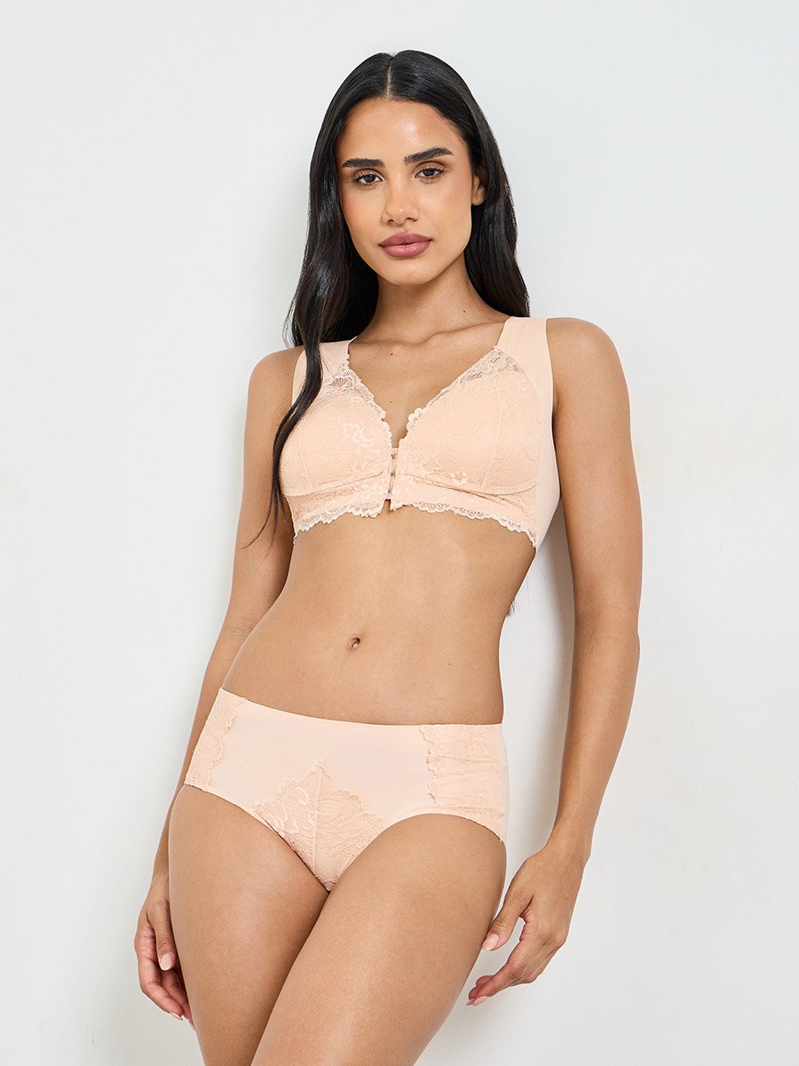 Lace Insert Padded Non Wired Bra and Midi Brief Set