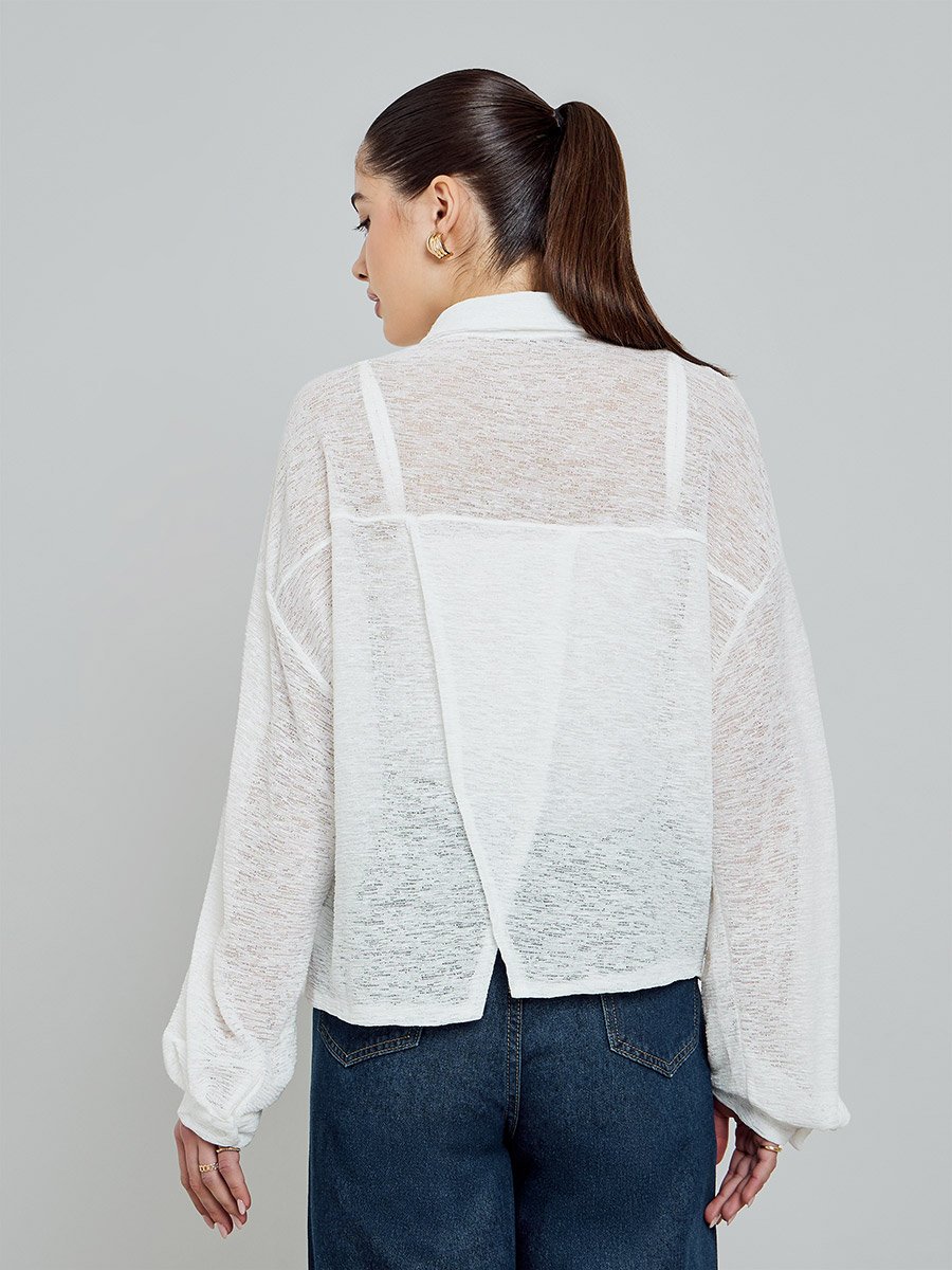 White Long Sleeve Buttoned Knit Top