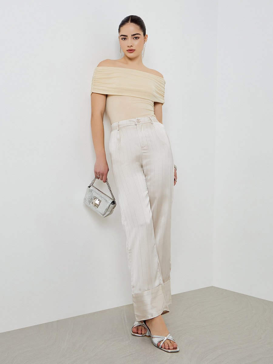 Beige Pinstripe Wide Leg Trousers