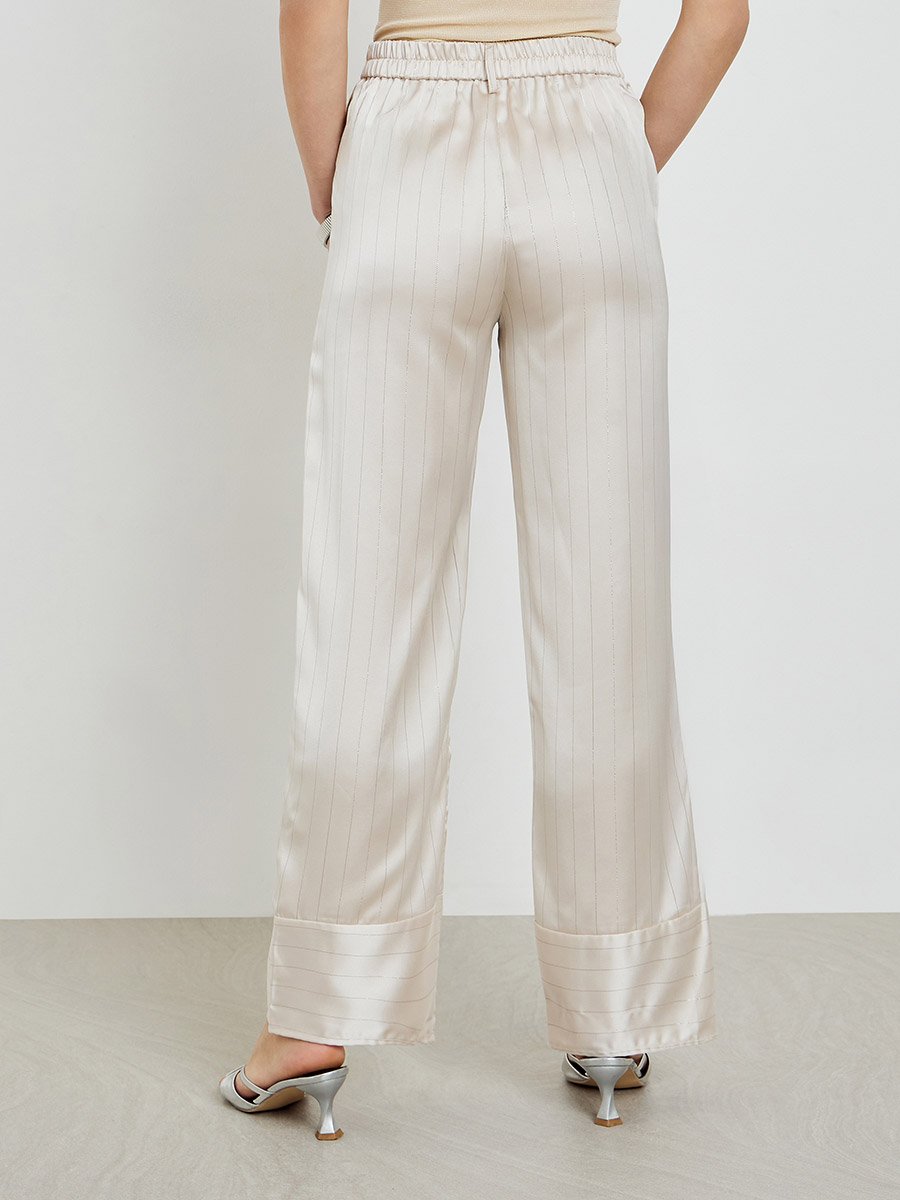 Beige Pinstripe Wide Leg Trousers