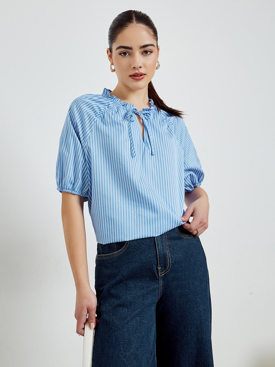 Blue Striped Short Sleeve Blouse