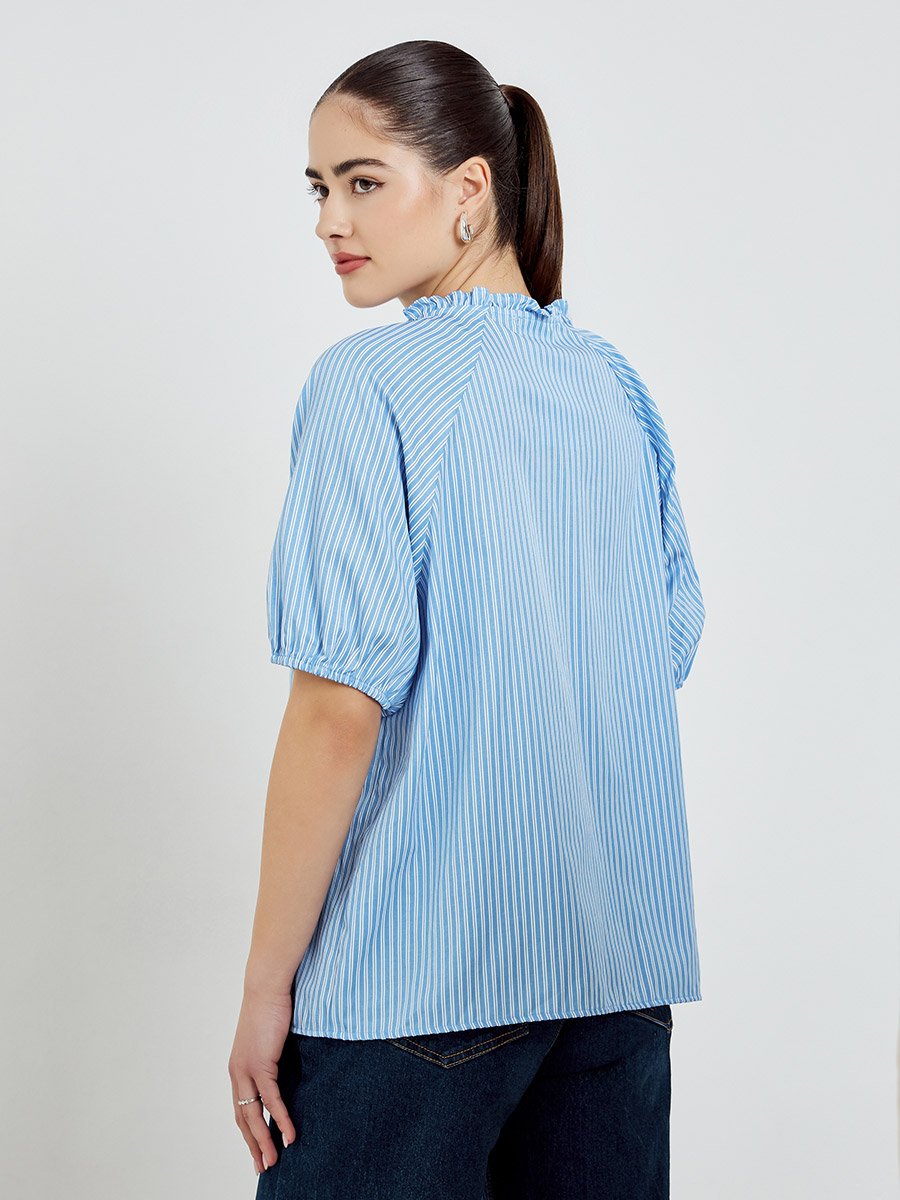 Blue Striped Short Sleeve Blouse