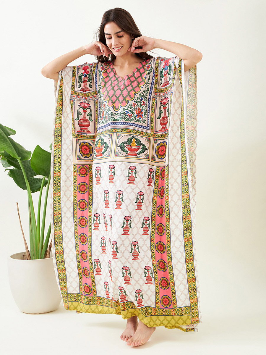 White Printed Kaftan Nightdress