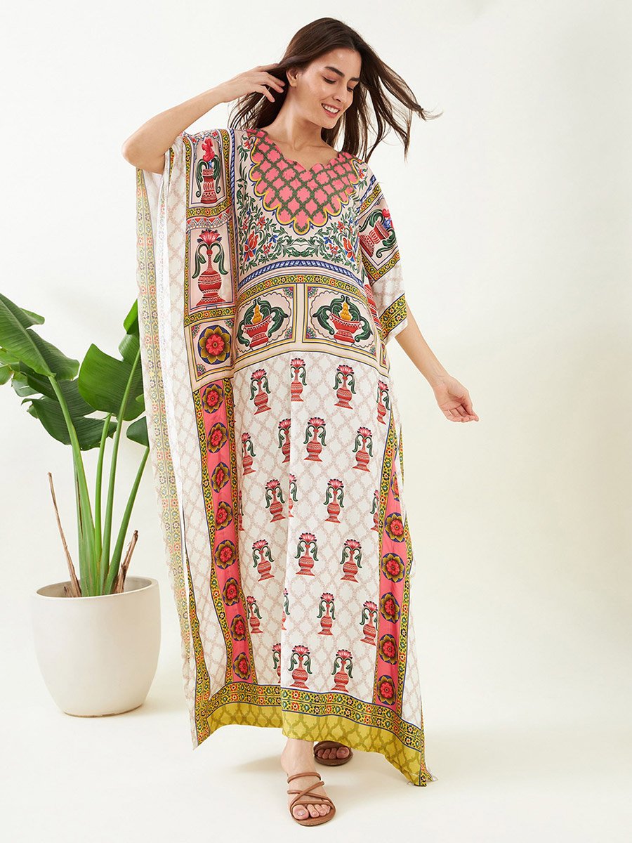 White Printed Kaftan Nightdress