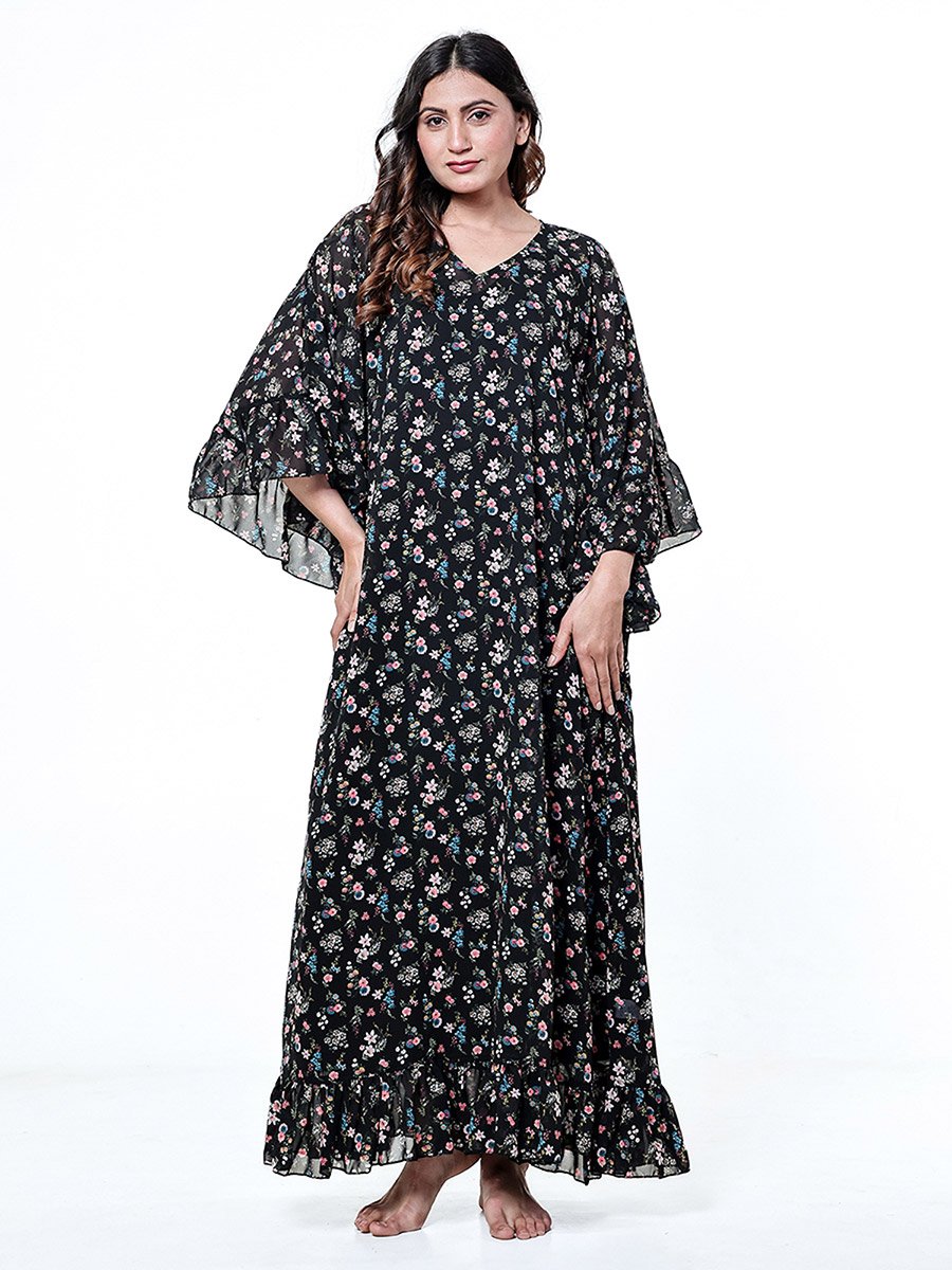 Black Floral Ruffle Nightdress with Inner Slip