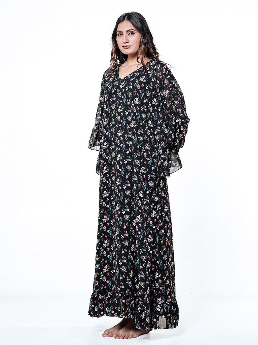 Black Floral Ruffle Nightdress with Inner Slip