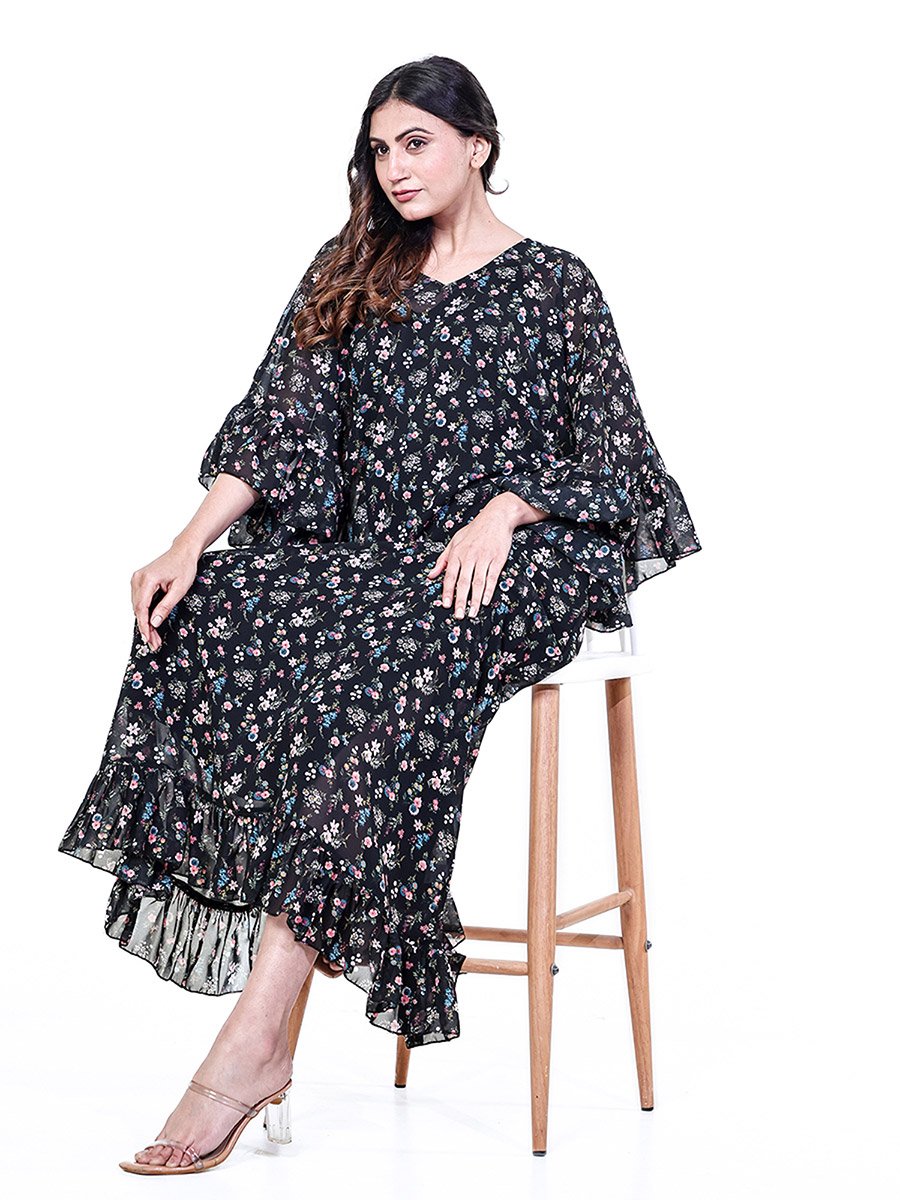 Black Floral Ruffle Nightdress with Inner Slip