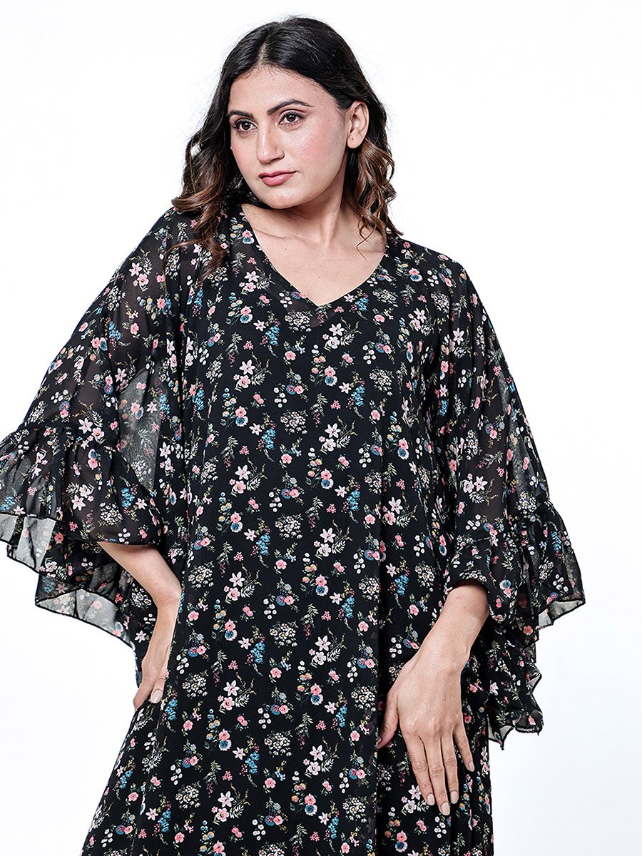 Black Floral Ruffle Nightdress with Inner Slip
