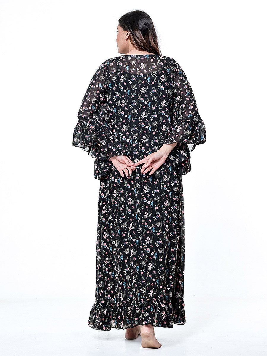 Black Floral Ruffle Nightdress with Inner Slip