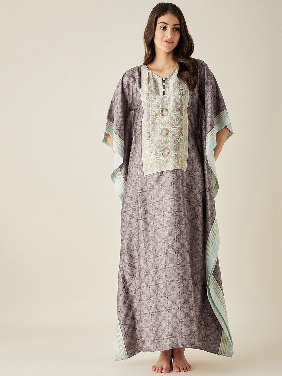 Brown Printed Satin Kaftan Nightdress with 3/4 Sleeves