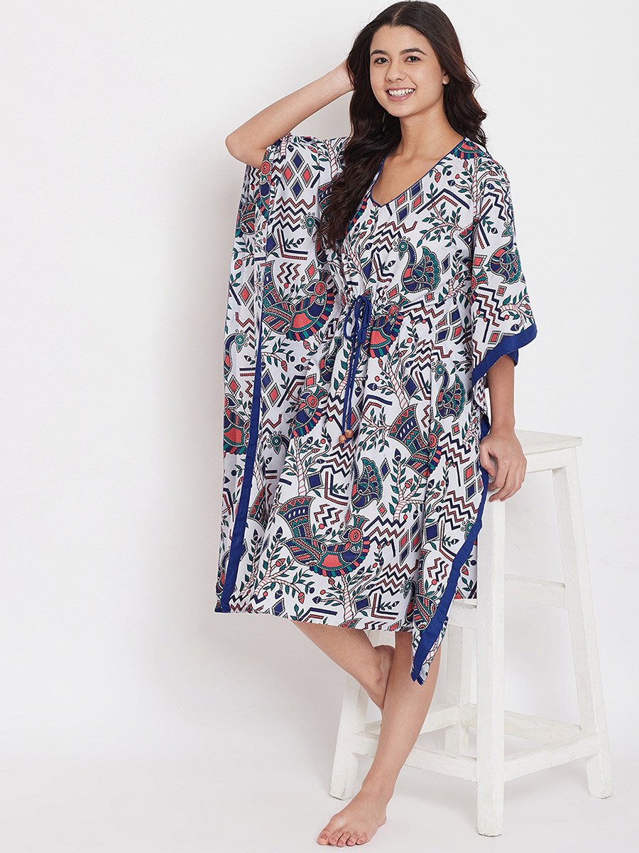 White Cotton Printed Kaftan Nightdress with 3/4 Sleeves