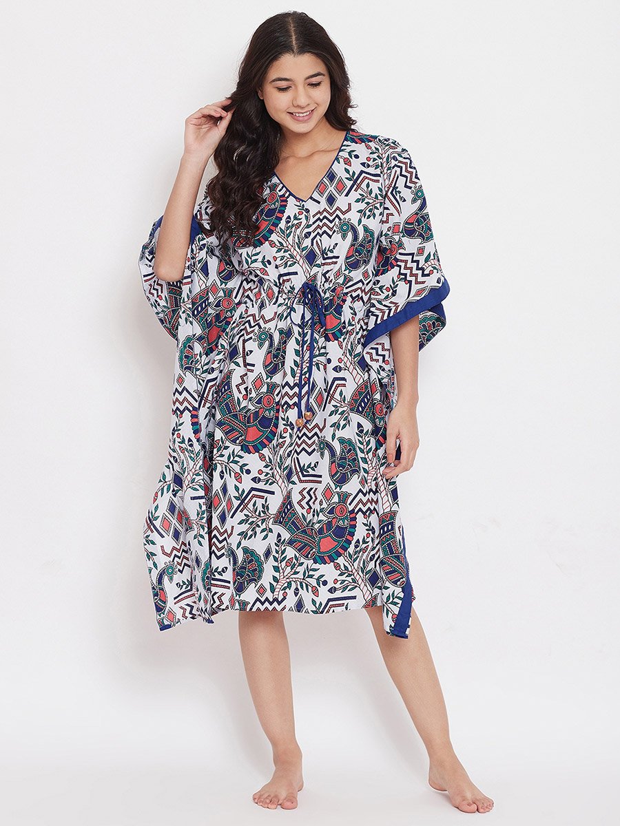 White Cotton Printed Kaftan Nightdress with 3/4 Sleeves