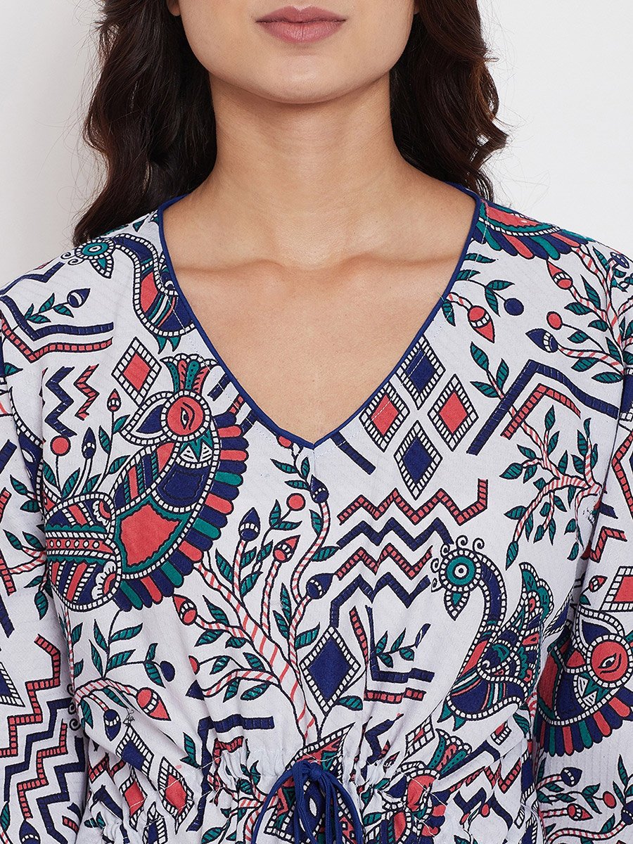 White Cotton Printed Kaftan Nightdress with 3/4 Sleeves
