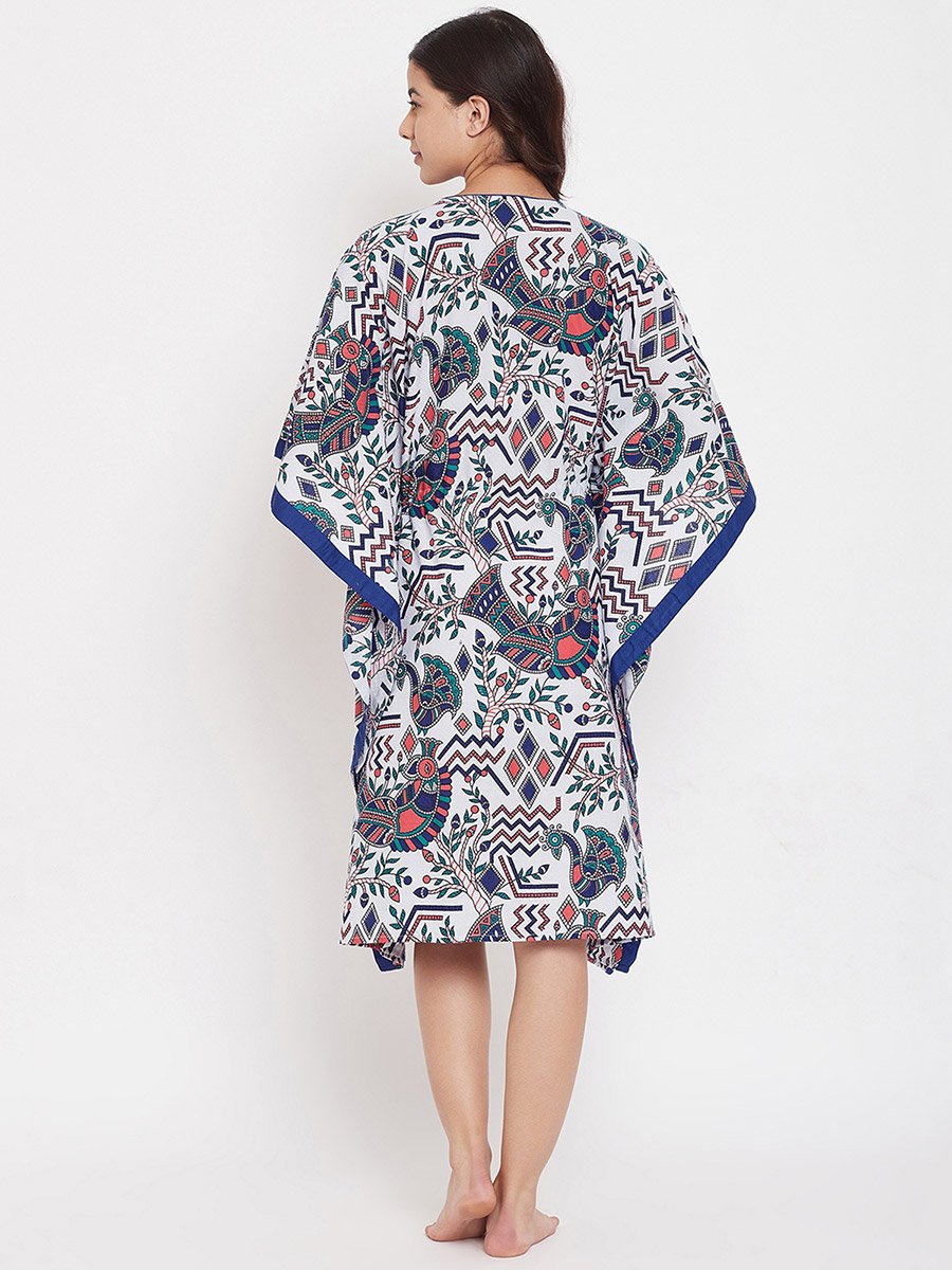 White Cotton Printed Kaftan Nightdress with 3/4 Sleeves