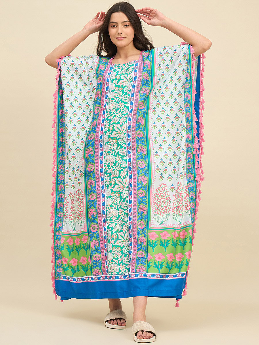 Multicolor Floral Printed Kaftan Nightdress with Tassel Trim