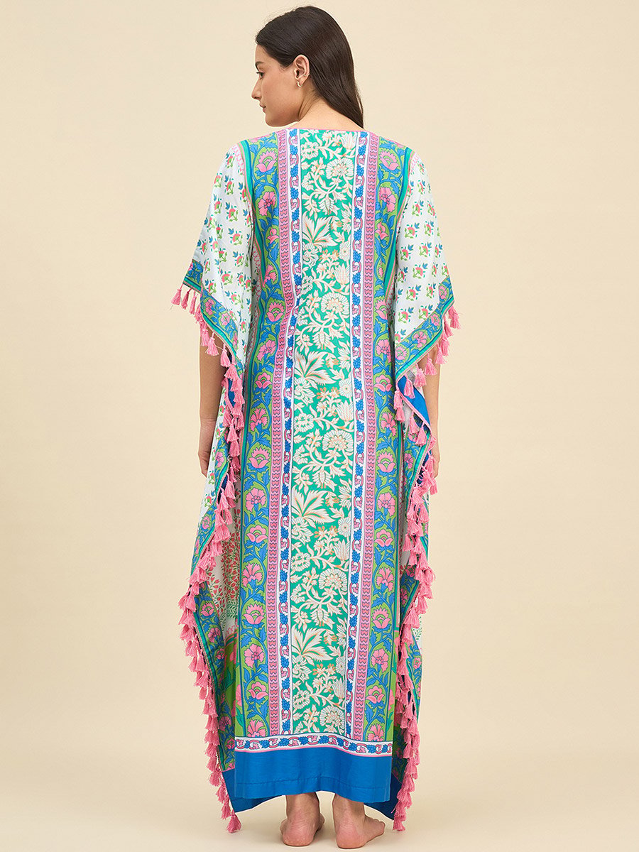 Multicolor Floral Printed Kaftan Nightdress with Tassel Trim