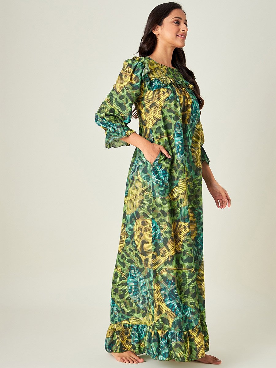 Green Animal Printed Frilled Nightdress