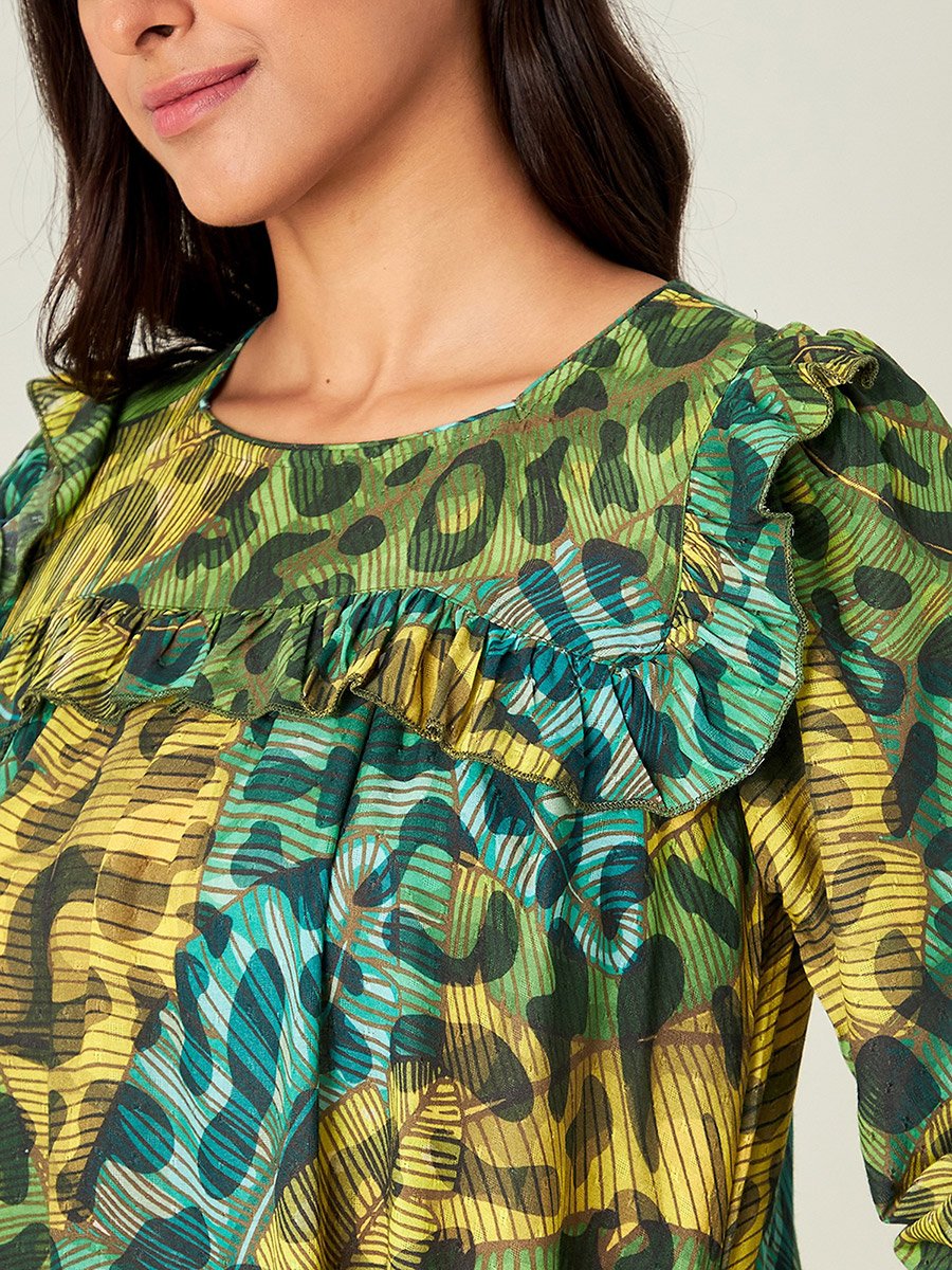 Green Animal Printed Frilled Nightdress