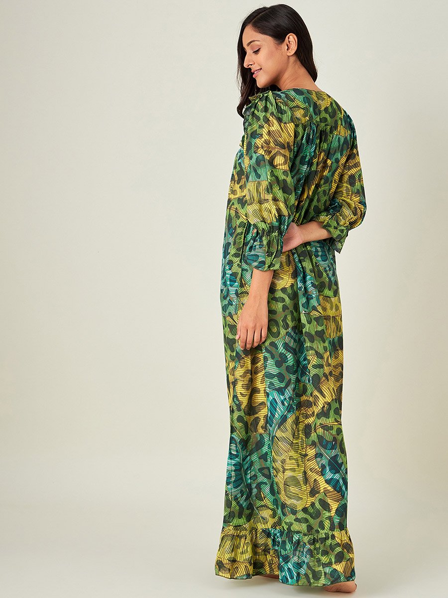 Green Animal Printed Frilled Nightdress