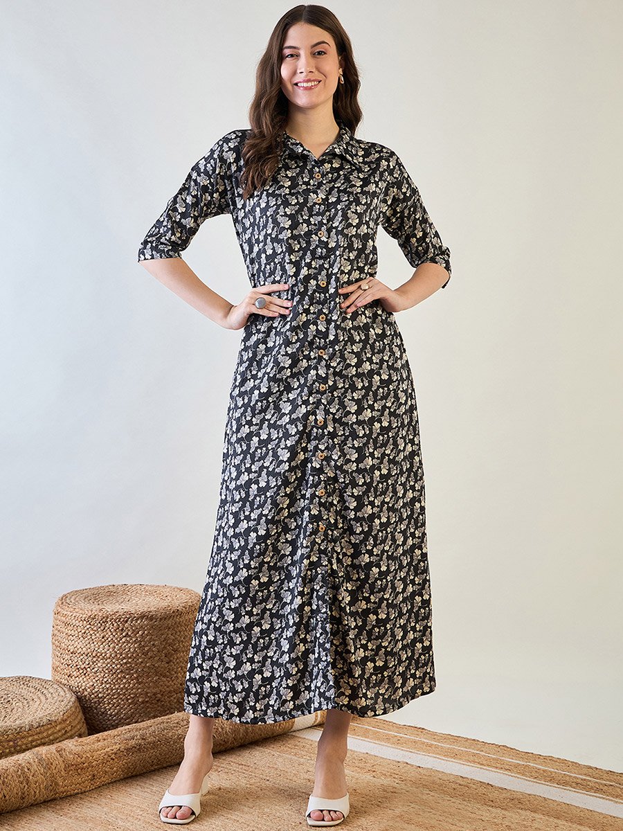 Black Floral Printed Button Down Nightdress