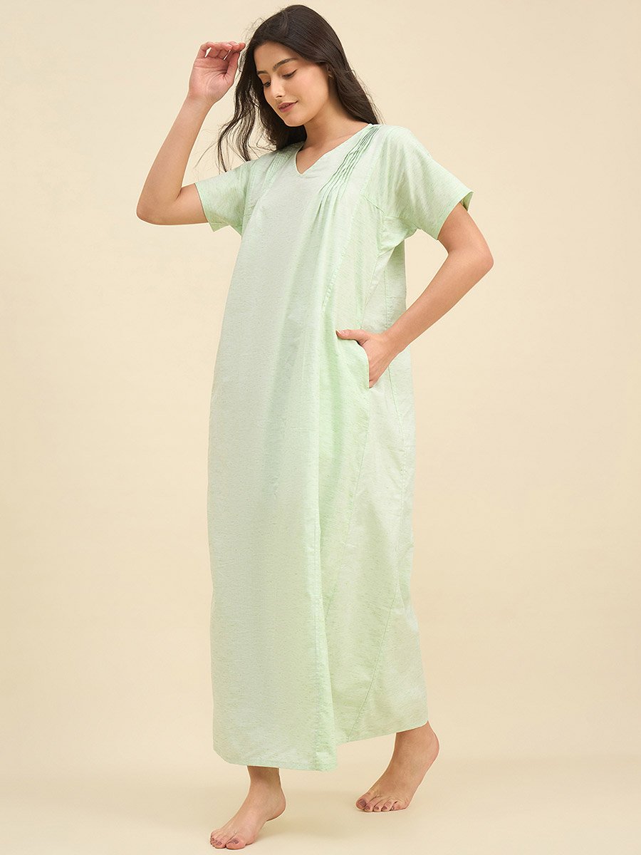 Light Green Viscose Pleated Nightdress