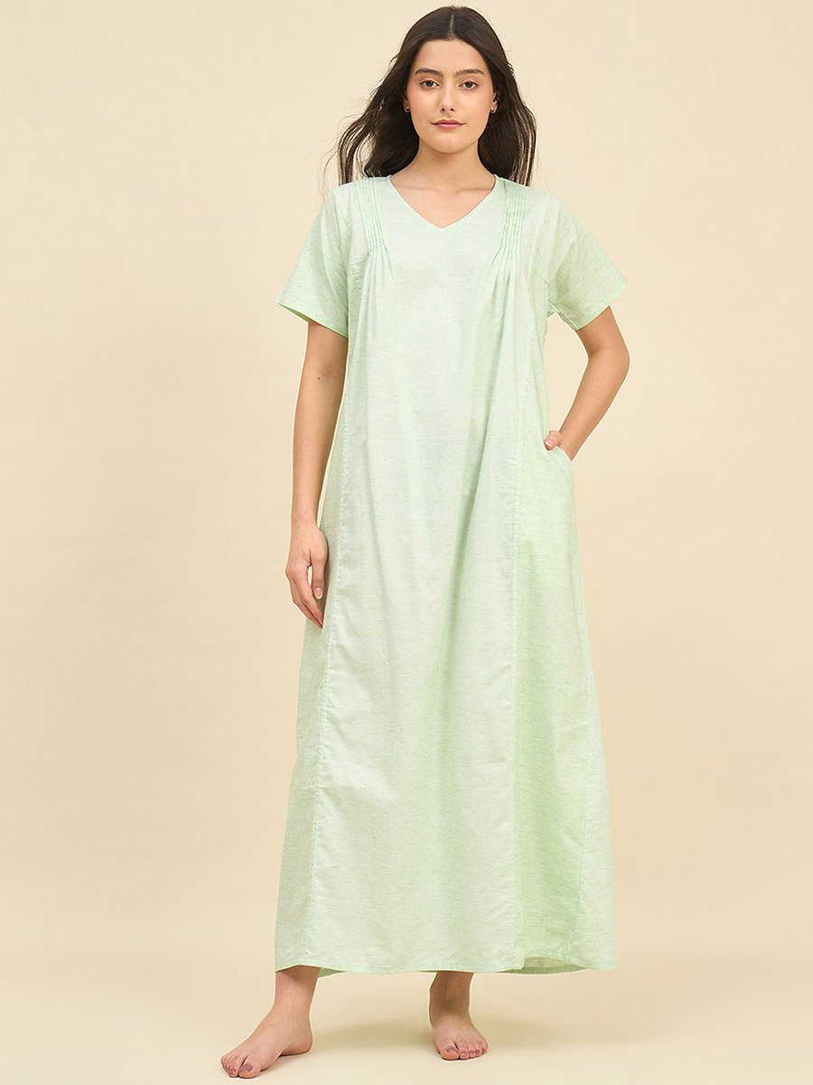 Light Green Viscose Pleated Nightdress