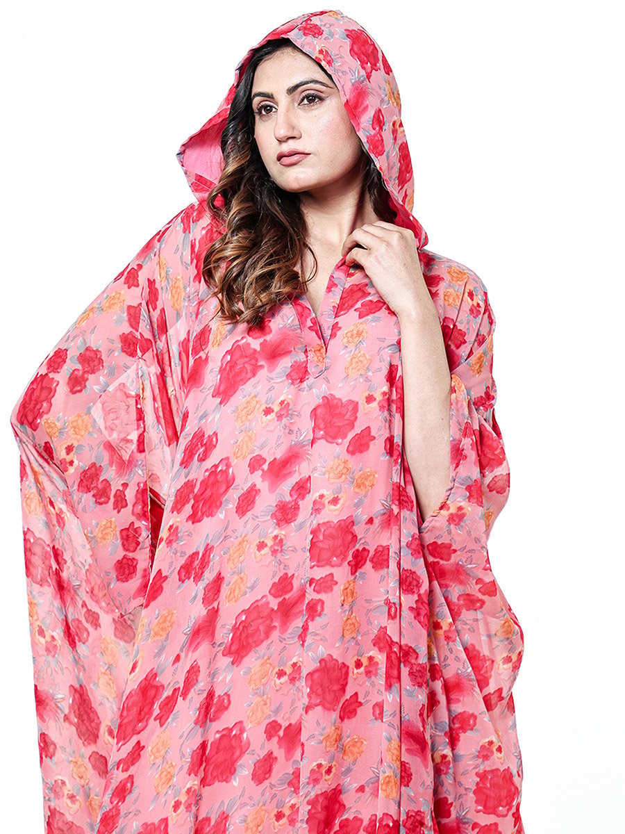 قميص نوم قفطان جورجيت بغطاء رأس مع قطعة داخلية