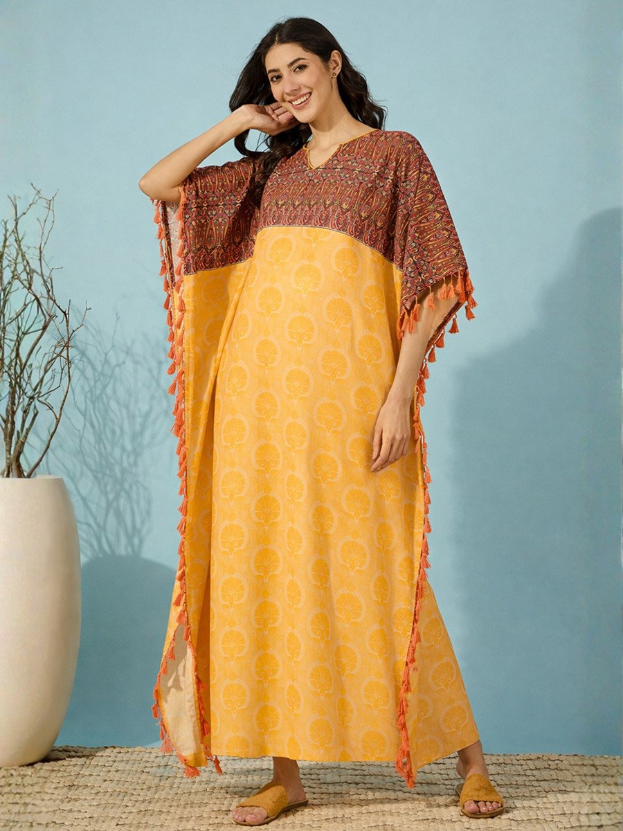 Yellow Paisley Print Kaftan with Tassel Trim