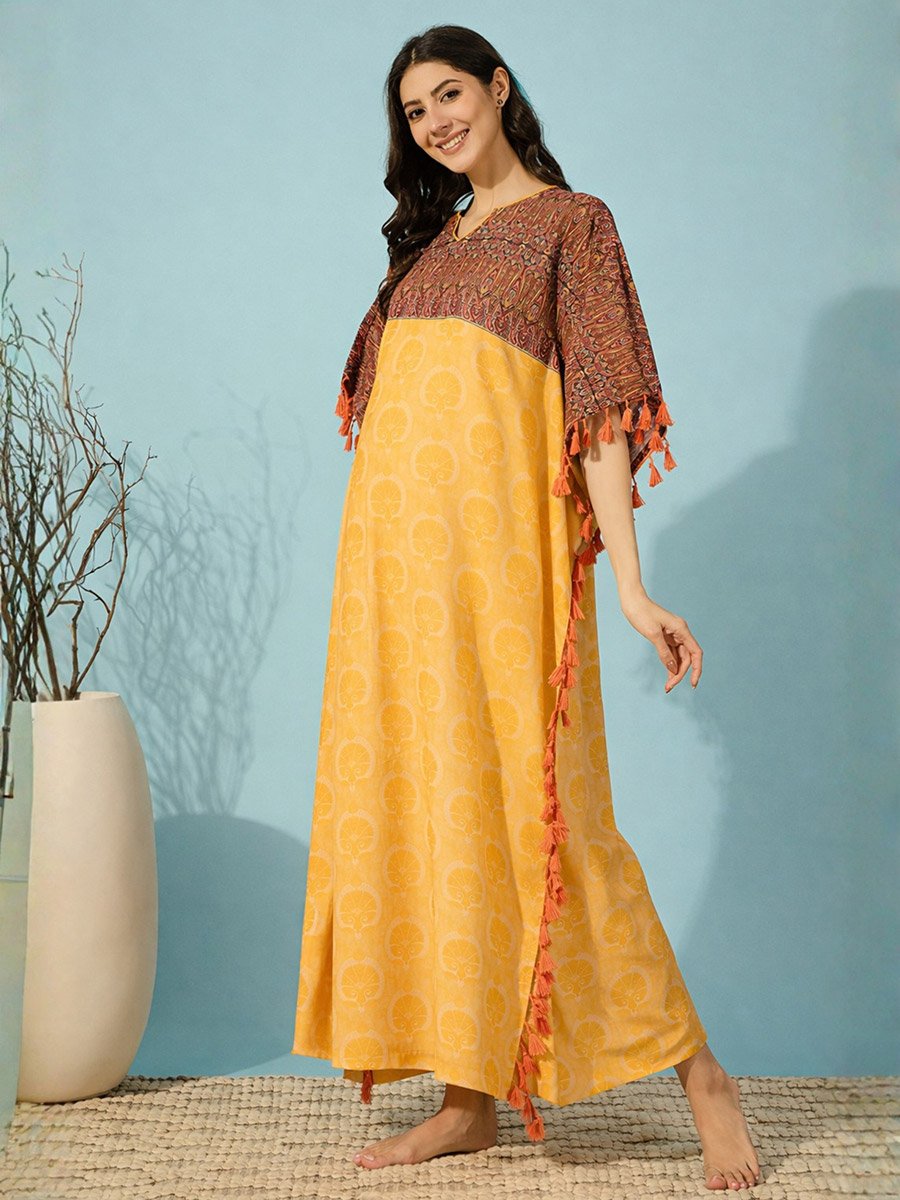 Yellow Paisley Print Kaftan with Tassel Trim
