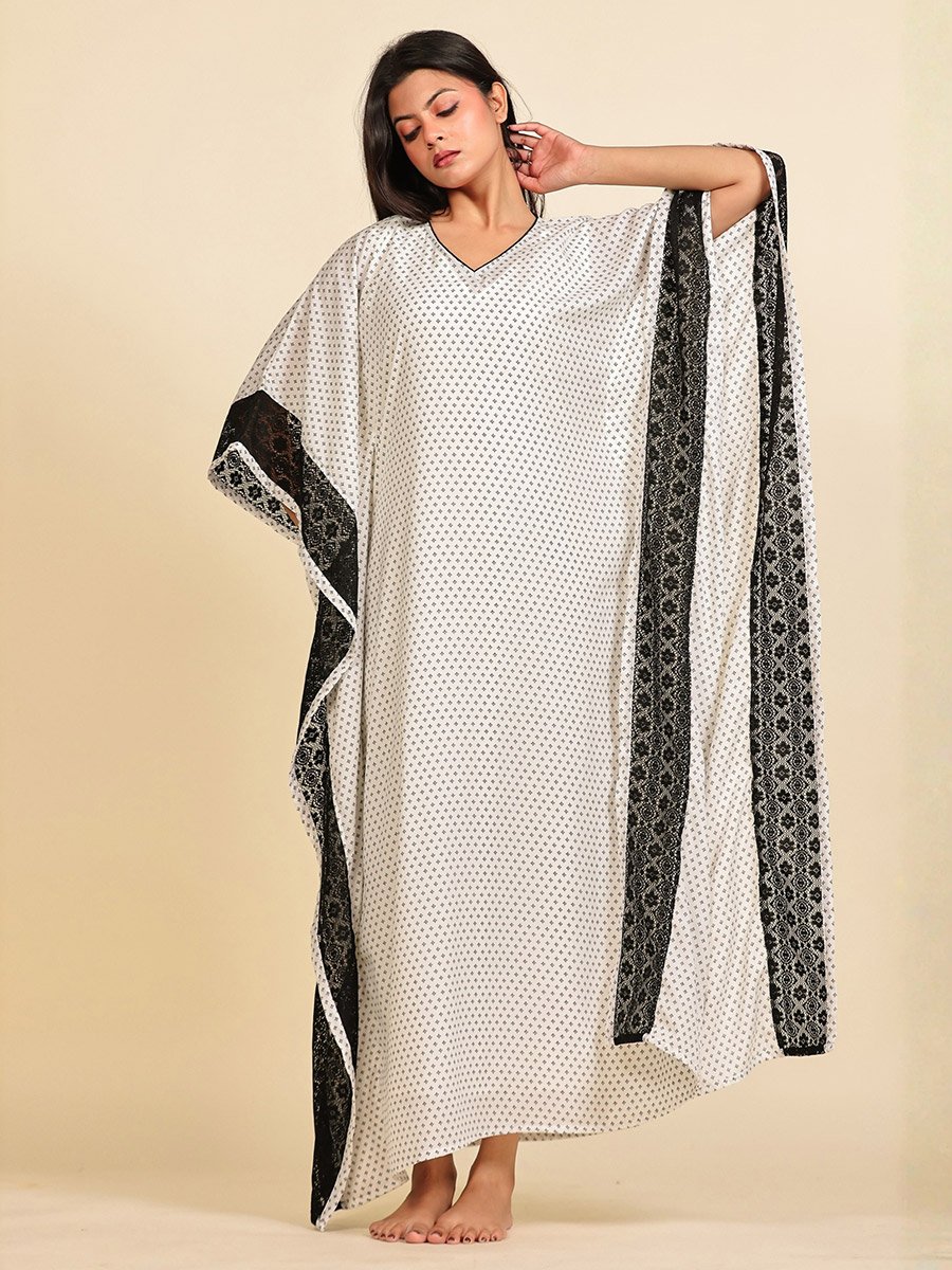 White Printed Georgette Kaftan with Inner Slip