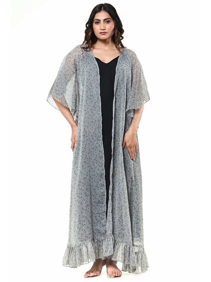 Grey Floral Chiffon Kaftan Nightgown with Inner Slip