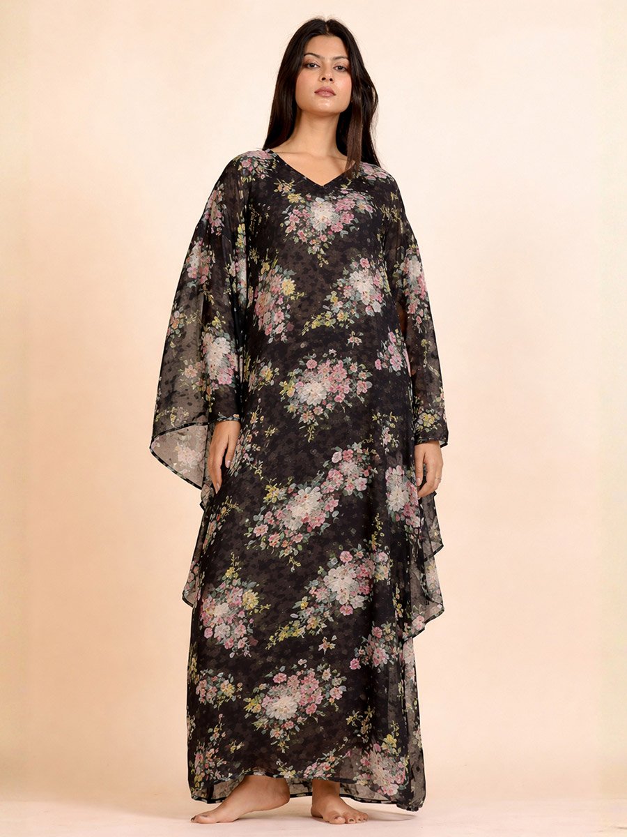 Black Floral Georgette Kaftan Dress with Inner Slip