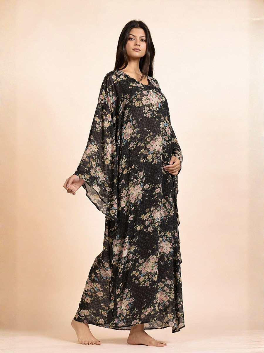 Black Floral Georgette Kaftan Dress with Inner Slip
