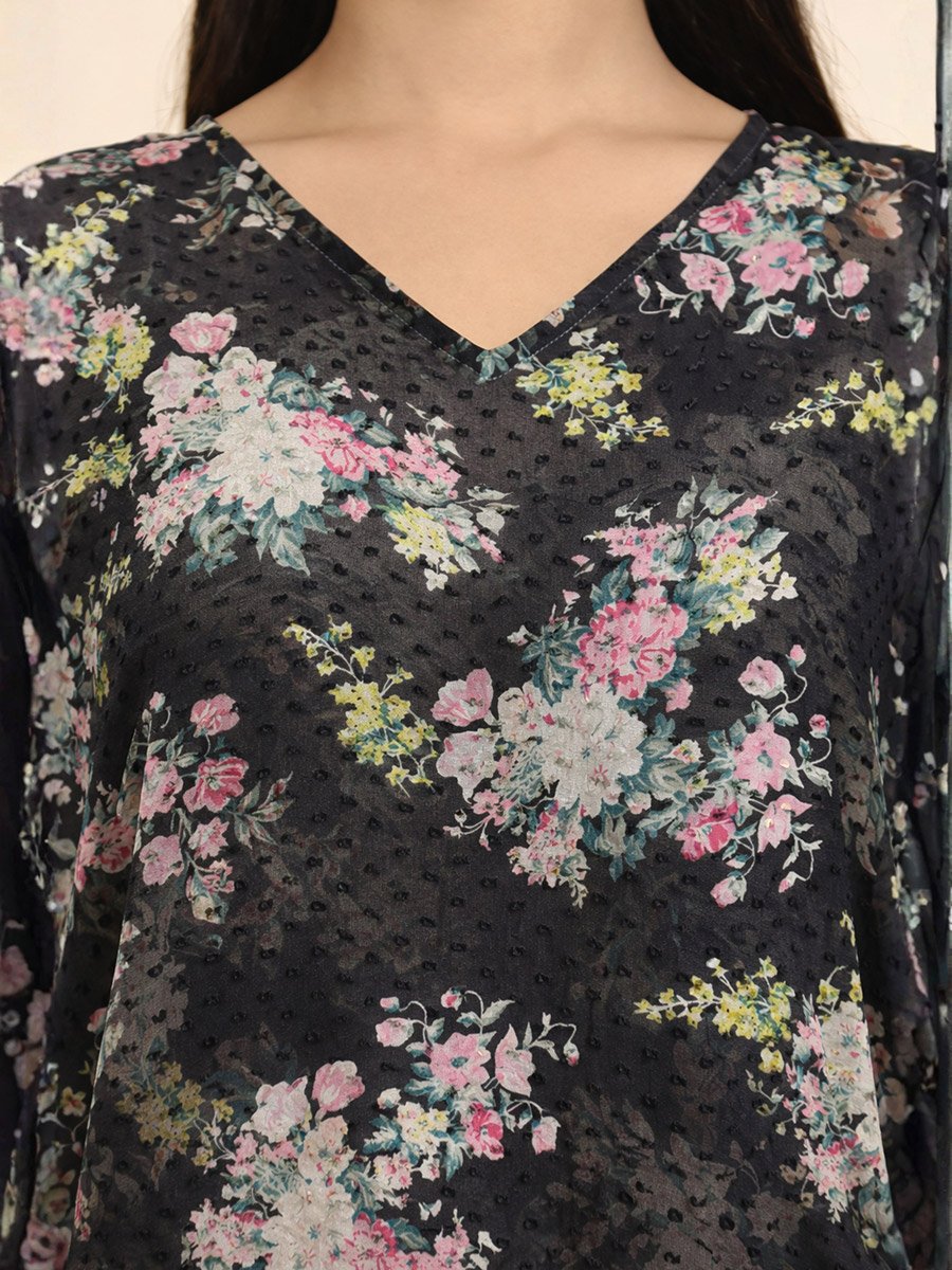 Black Floral Georgette Kaftan Dress with Inner Slip