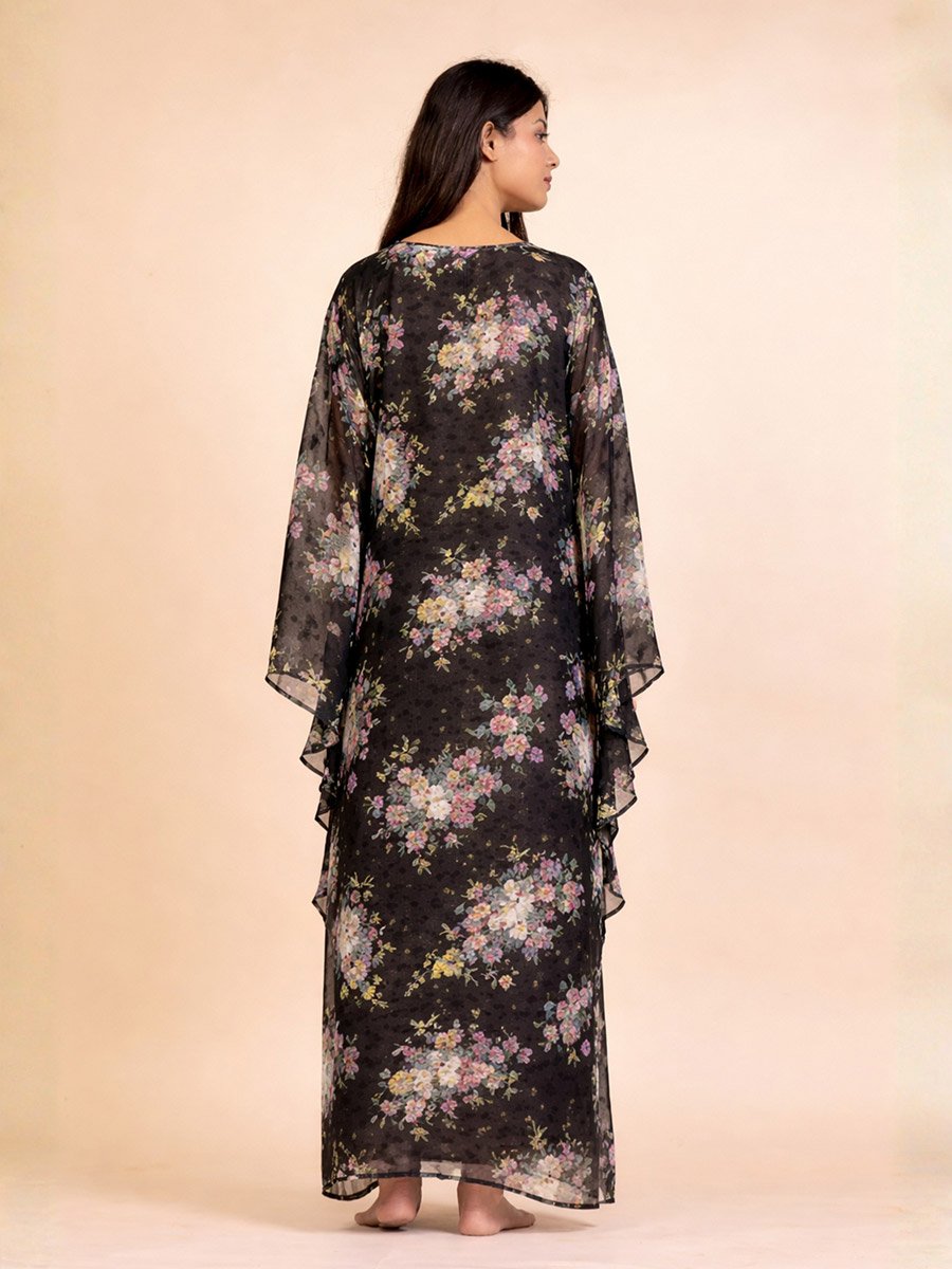 Black Floral Georgette Kaftan Dress with Inner Slip