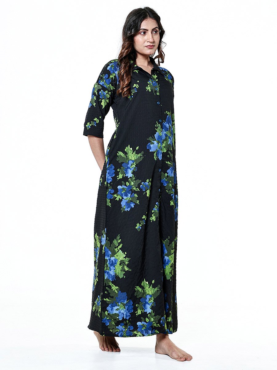 Black Floral Nightdress with 3/4 Sleeves