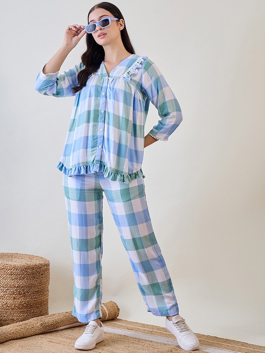 Checked Printed Ruffled Shirt and Pyjama Set