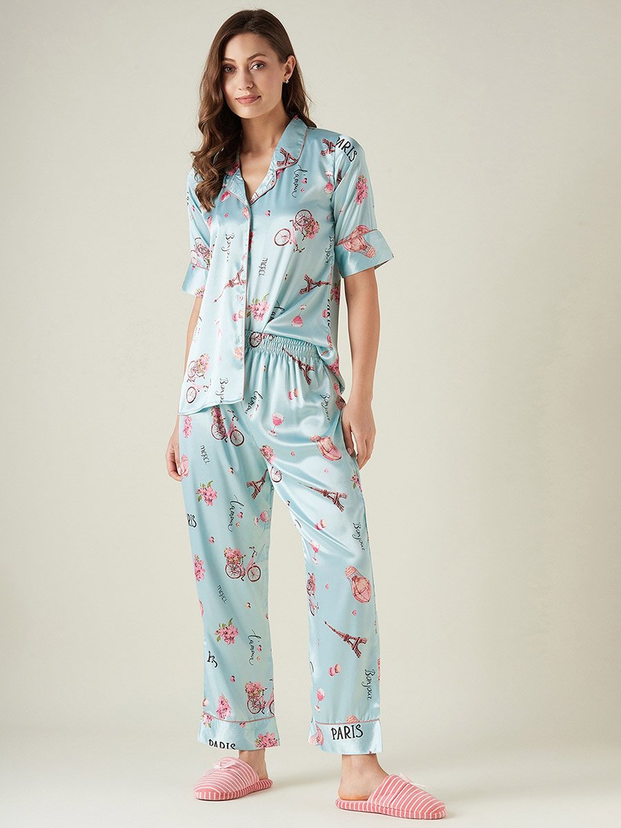 Blue Silky Satin Printed Shirt and Pyjama Set