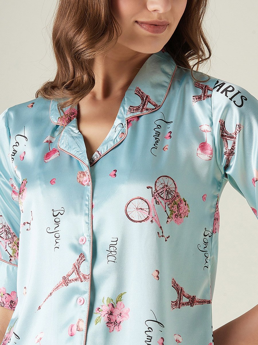 Blue Silky Satin Printed Shirt and Pyjama Set