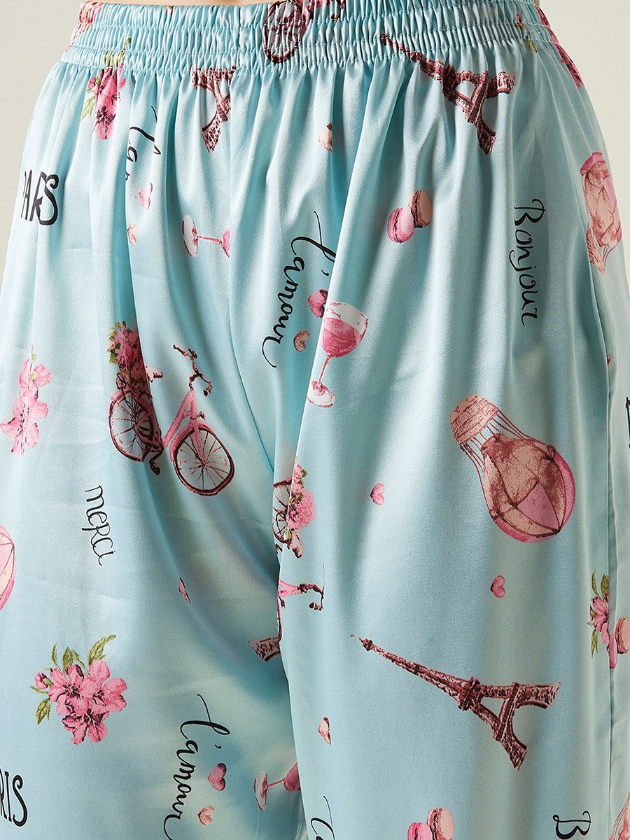 Blue Silky Satin Printed Shirt and Pyjama Set