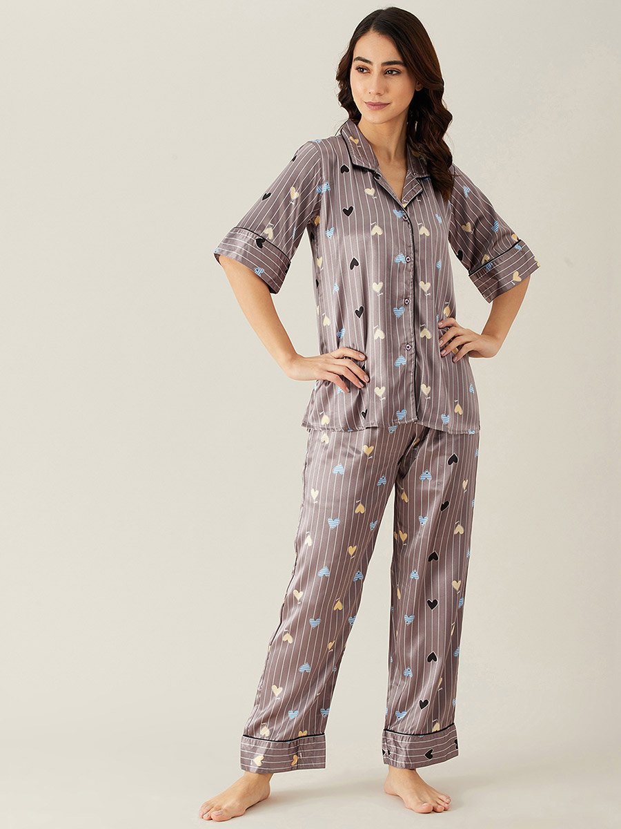 Brown Heart Print Satin Shirt and Pyjama Set