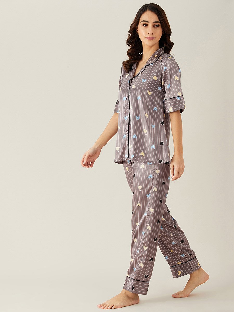 Brown Heart Print Satin Shirt and Pyjama Set
