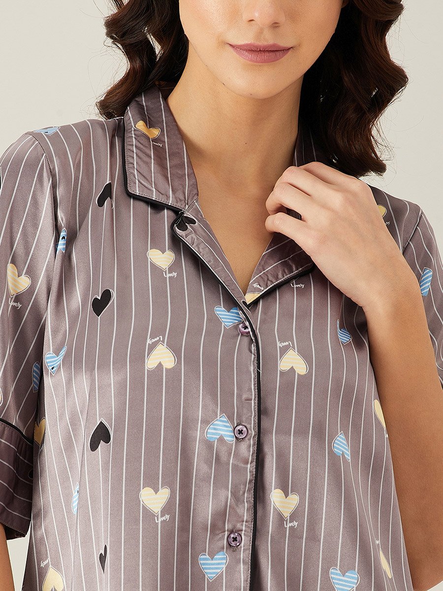 Brown Heart Print Satin Shirt and Pyjama Set