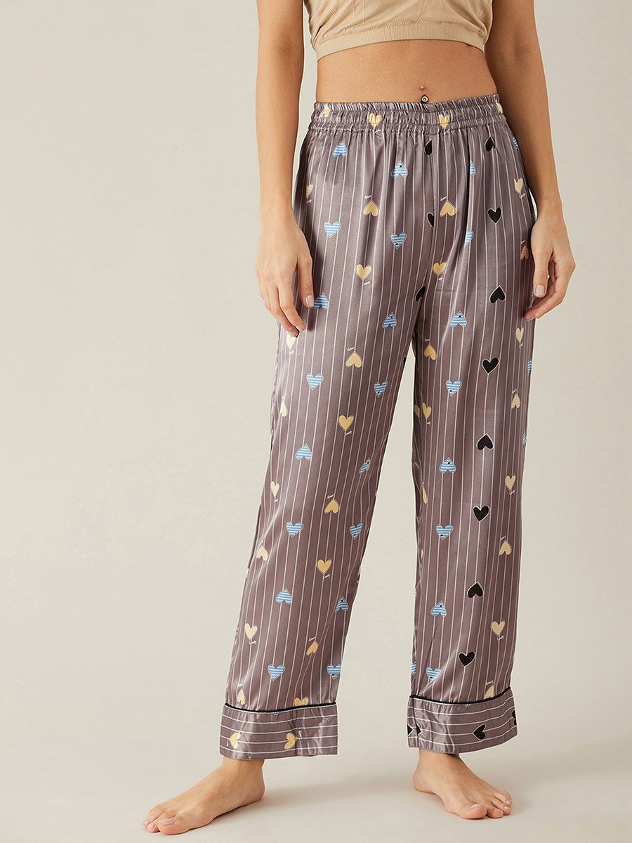 Brown Heart Print Satin Shirt and Pyjama Set