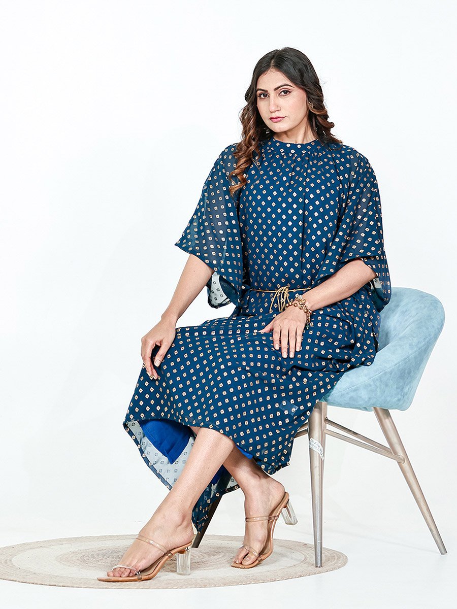 Blue Georgette Buta Printed A-Line Kaftan Dress For Women at Kuwait | Styli Blue Georgette Buta Printed A-Line Kaftan Dress For Women at Kuwait | Styli