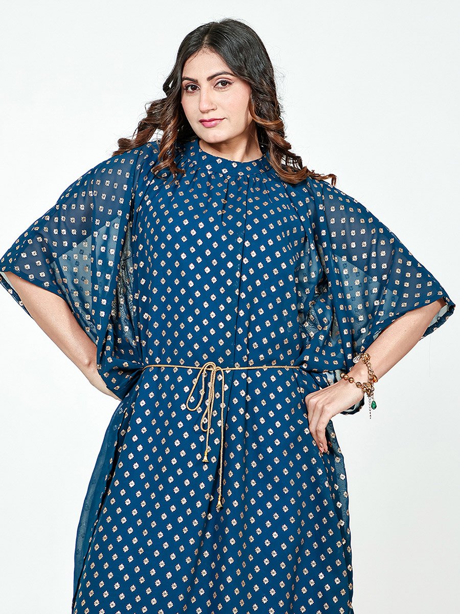 Blue Georgette Buta Printed A-Line Kaftan Dress For Women at Kuwait | Styli Blue Georgette Buta Printed A-Line Kaftan Dress For Women at Kuwait | Styli