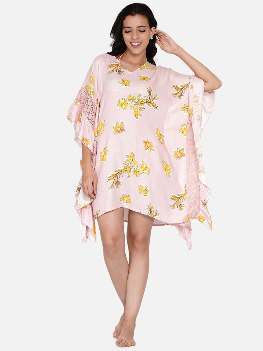 Pink Floral Print Ruffled Detail Kaftan
