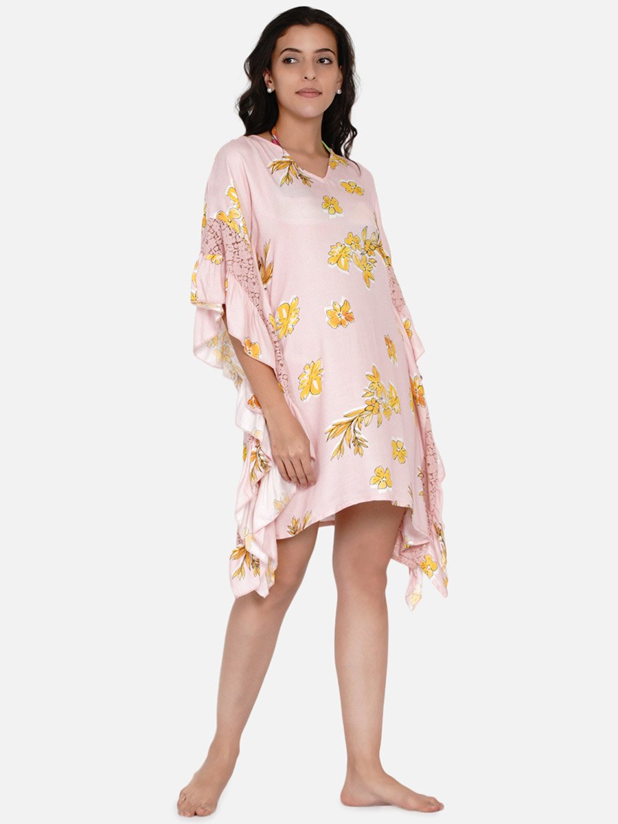 Pink Floral Print Ruffled Detail Kaftan