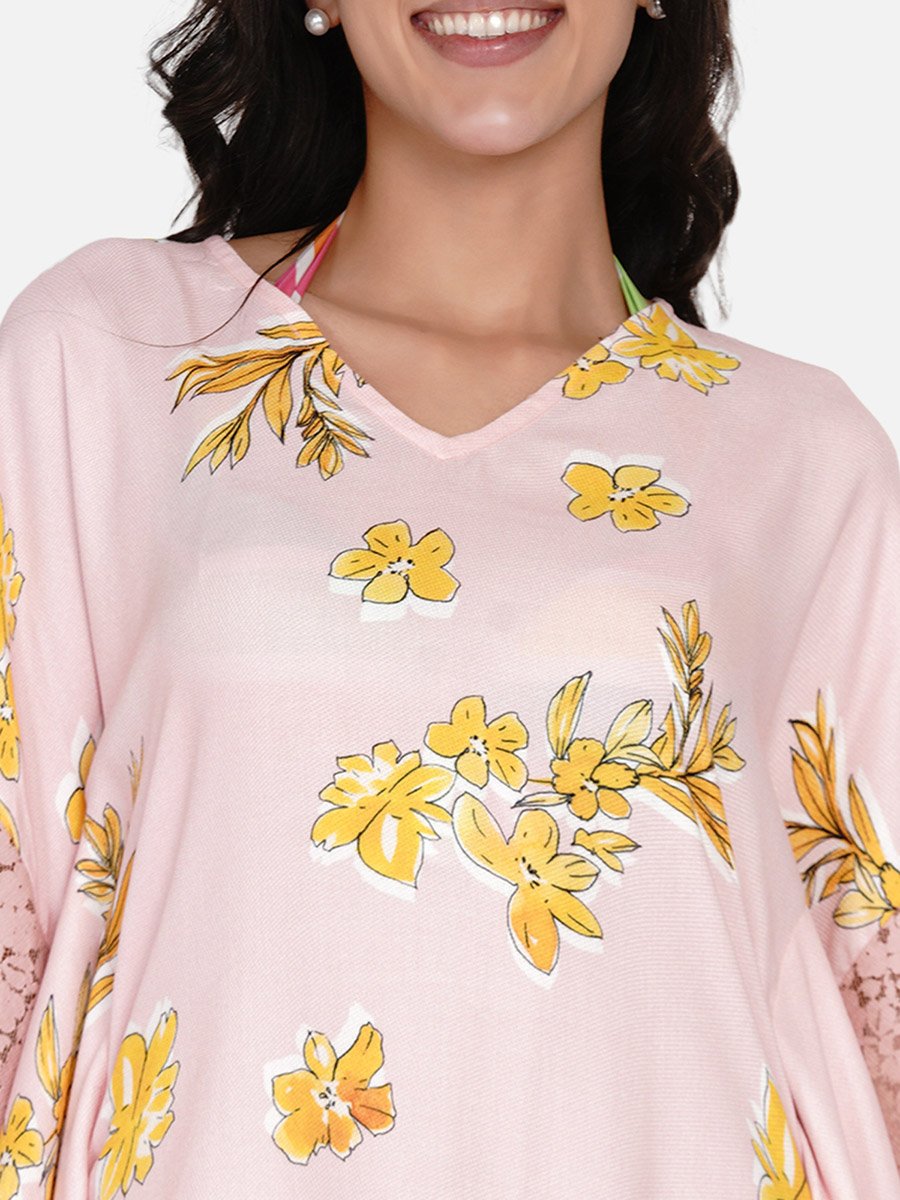 Pink Floral Print Ruffled Detail Kaftan