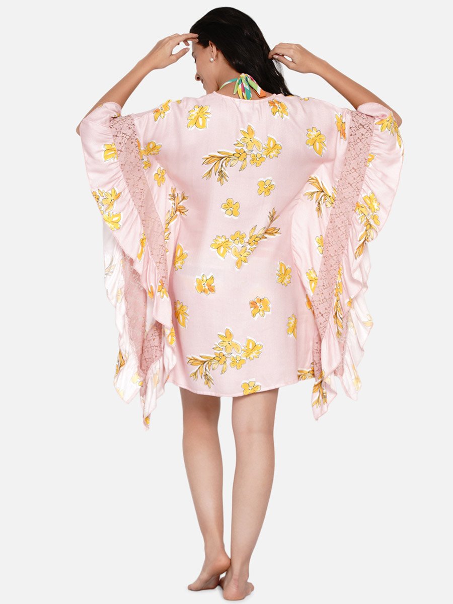 Pink Floral Print Ruffled Detail Kaftan